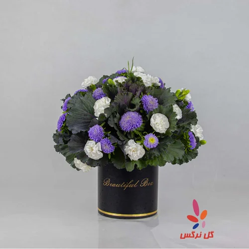 باکس گل مینا و میخک سفید