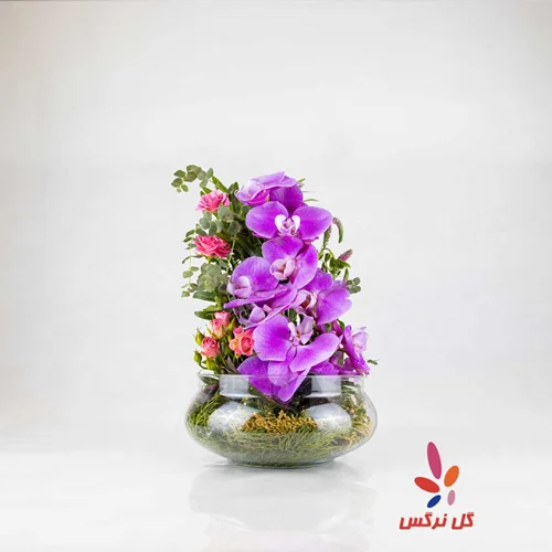 باکس گل شیشه ای ارکیده صورتی و رز مینیاتوری